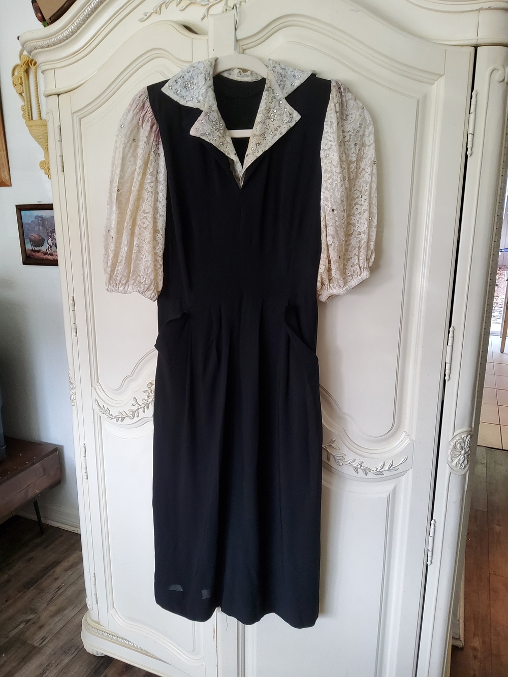 1940s Crepe Rhinestone Lace Day Dress